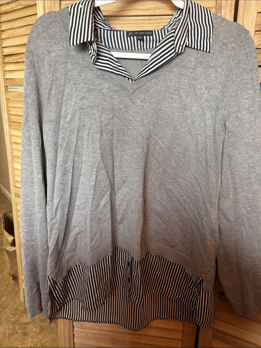 Adrianna  Papell Gray Sweater with Black & White Striped Shirt Detail XL